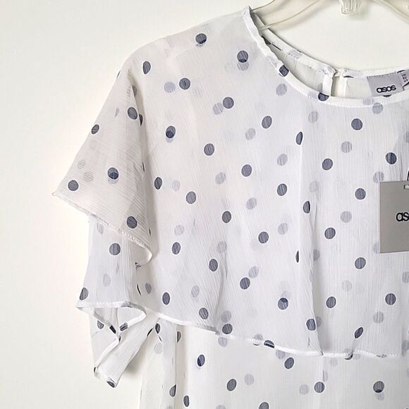 NWT Chiffon Ruffle Blouse Sz S Coquette Feminine Polka Dot Retro Sheer Modest - Picture 2 of 10